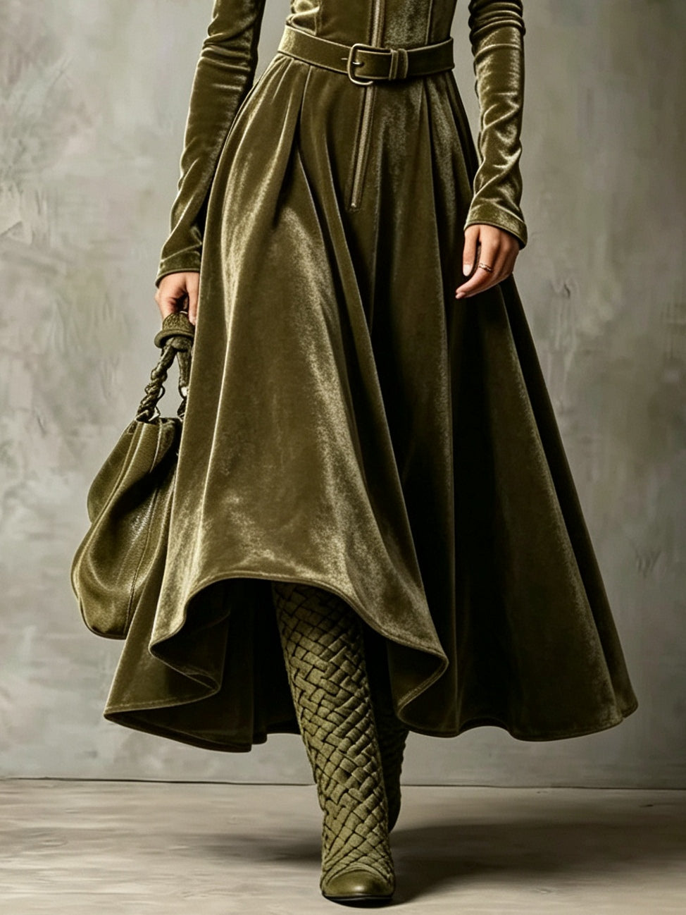 Conchi | Vestido largo de terciopelo verde oliva con cremallera delantera de estilo vintage (cinturón incluido)