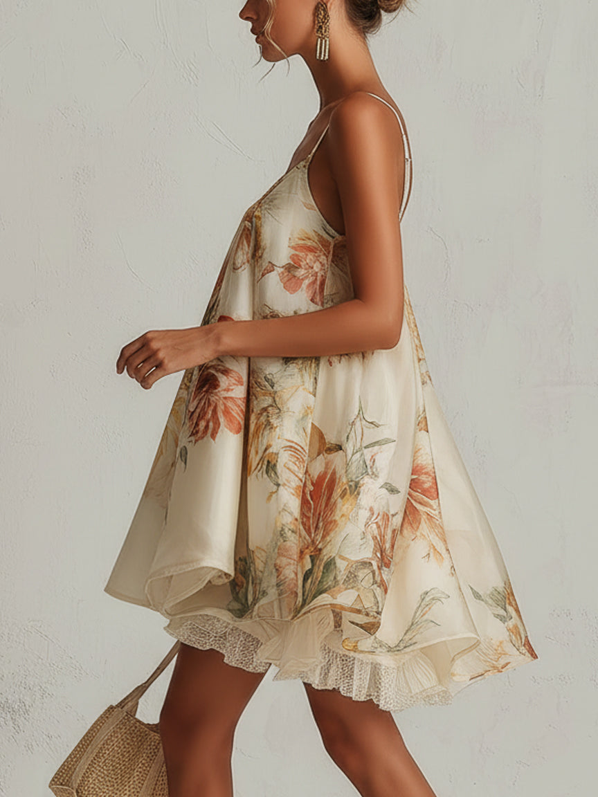 Liliana | Vestido corto en línea A de organza beige con motivo floral y borde de encaje