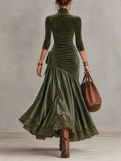 Maica | Vestido largo de terciopelo y satén con paneles y bajo de encaje verde oliva