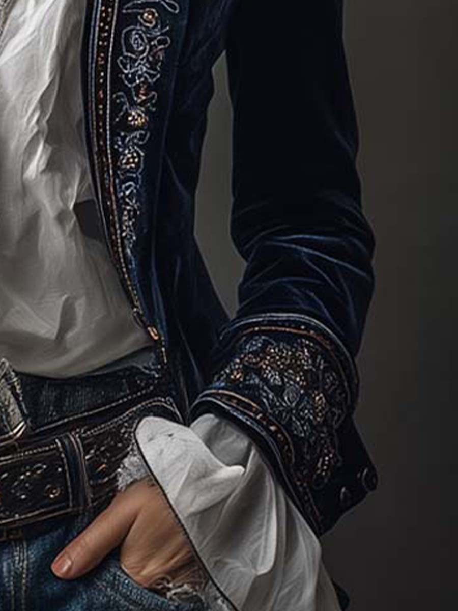 Athénaïs | Veste Longue Brodée Vintage Bleu Marine