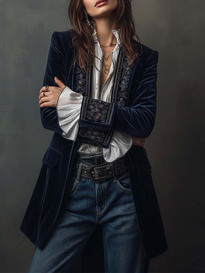 Gloria María | Chaqueta Larga Bordada Azul Marino