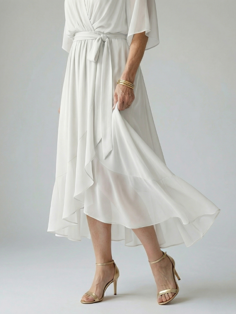 Elvira | Vestido Midi Drapeado con Cinturón y Manga Codo