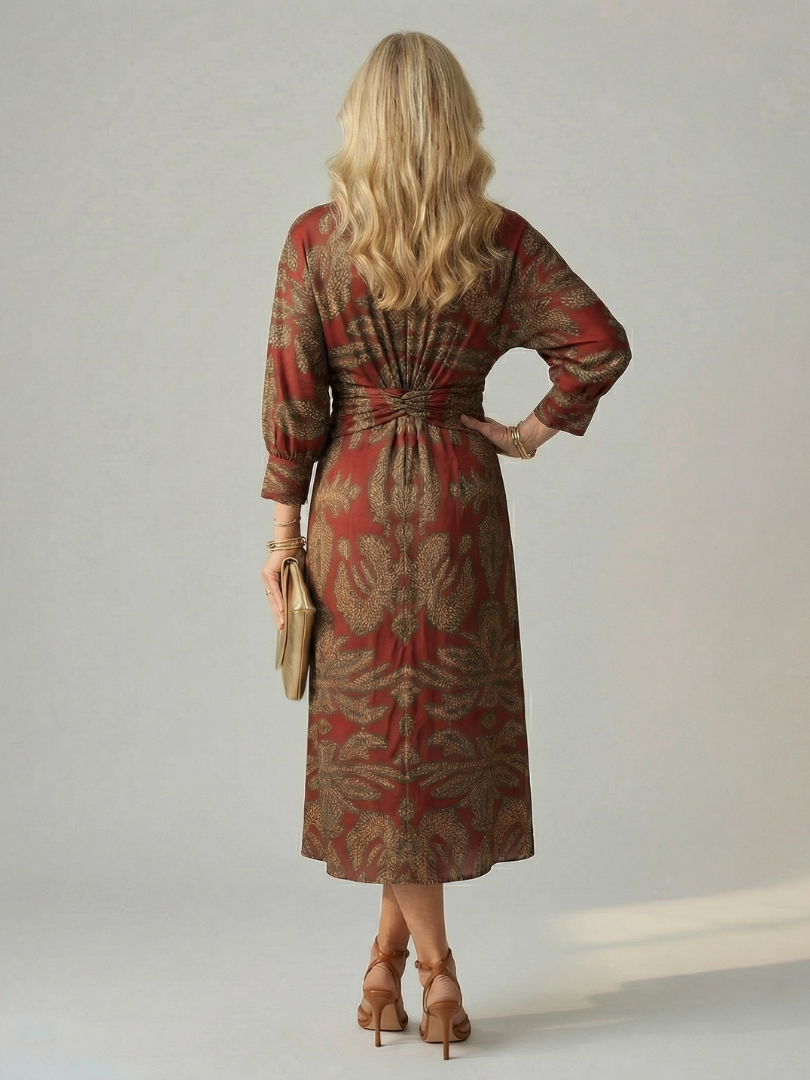 Luna | Vestido Midi Cruzado de Manga Larga con Estampado Natural