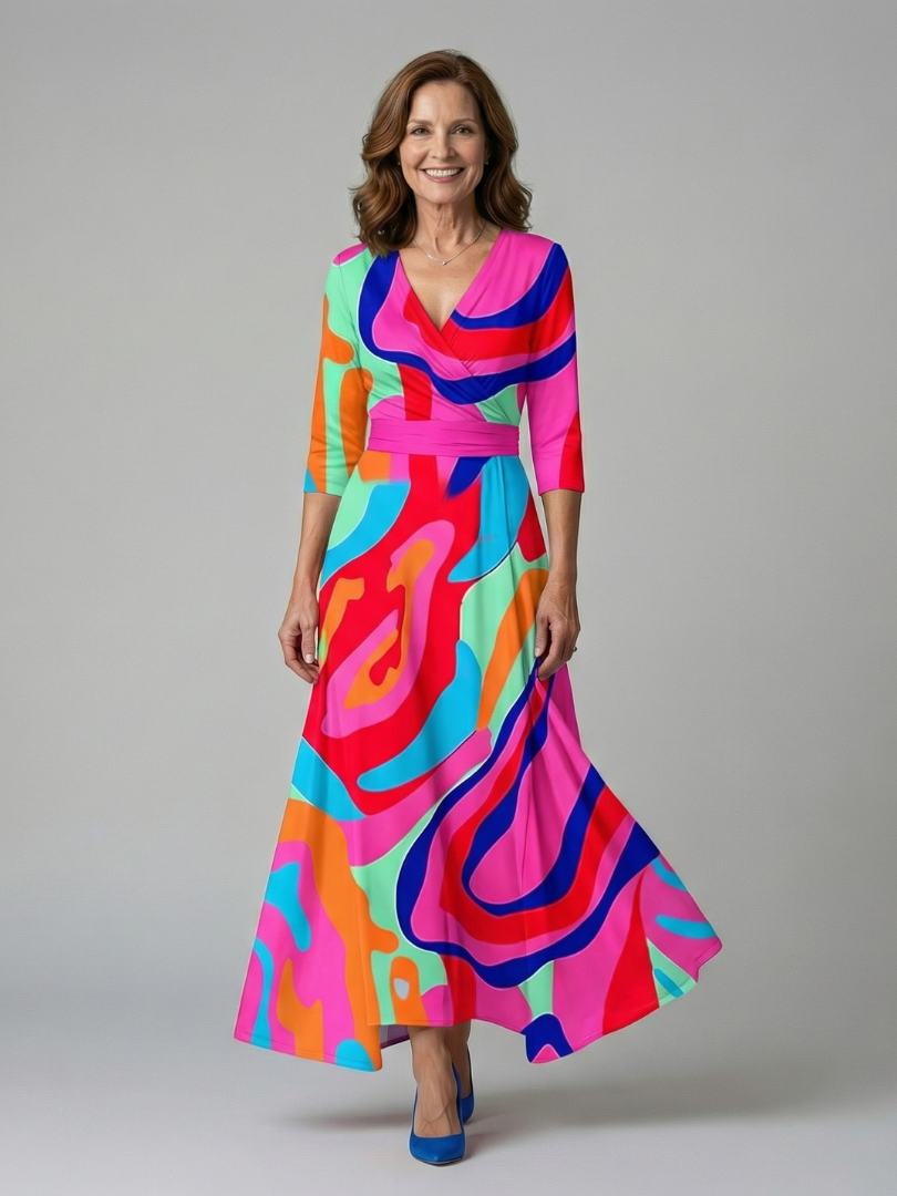 Celeste | Vestido Midi Floral con Escote Cruzado y Manga Tres Cuartos