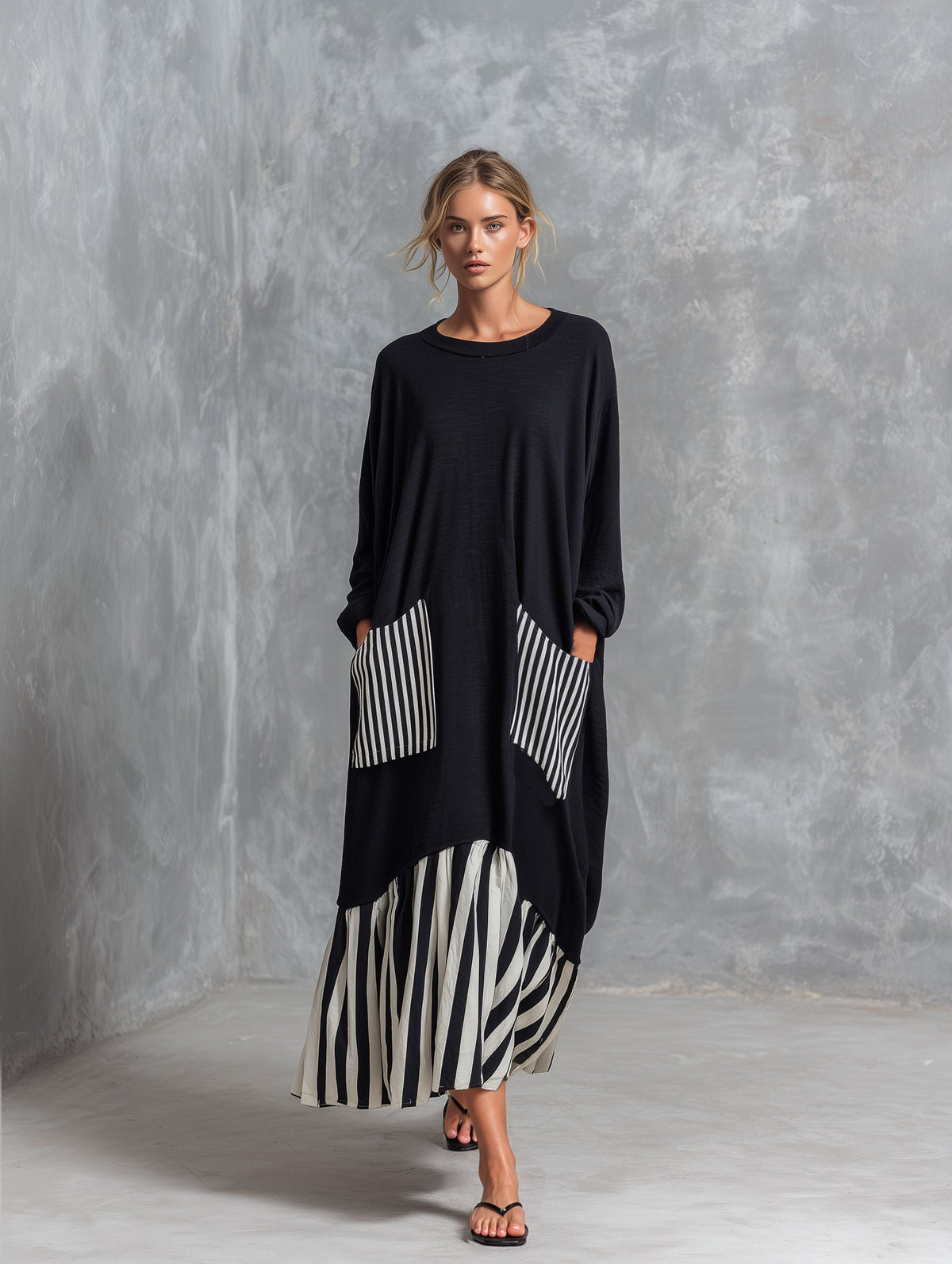 Yolanda | Vestido largo oversize de algodón negro con rayas estilo patchwork