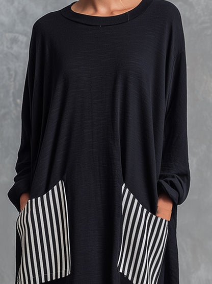 Yolanda | Vestido largo oversize de algodón negro con rayas estilo patchwork