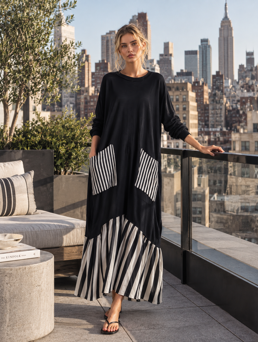 Yolanda | Vestido largo oversize de algodón negro con rayas estilo patchwork
