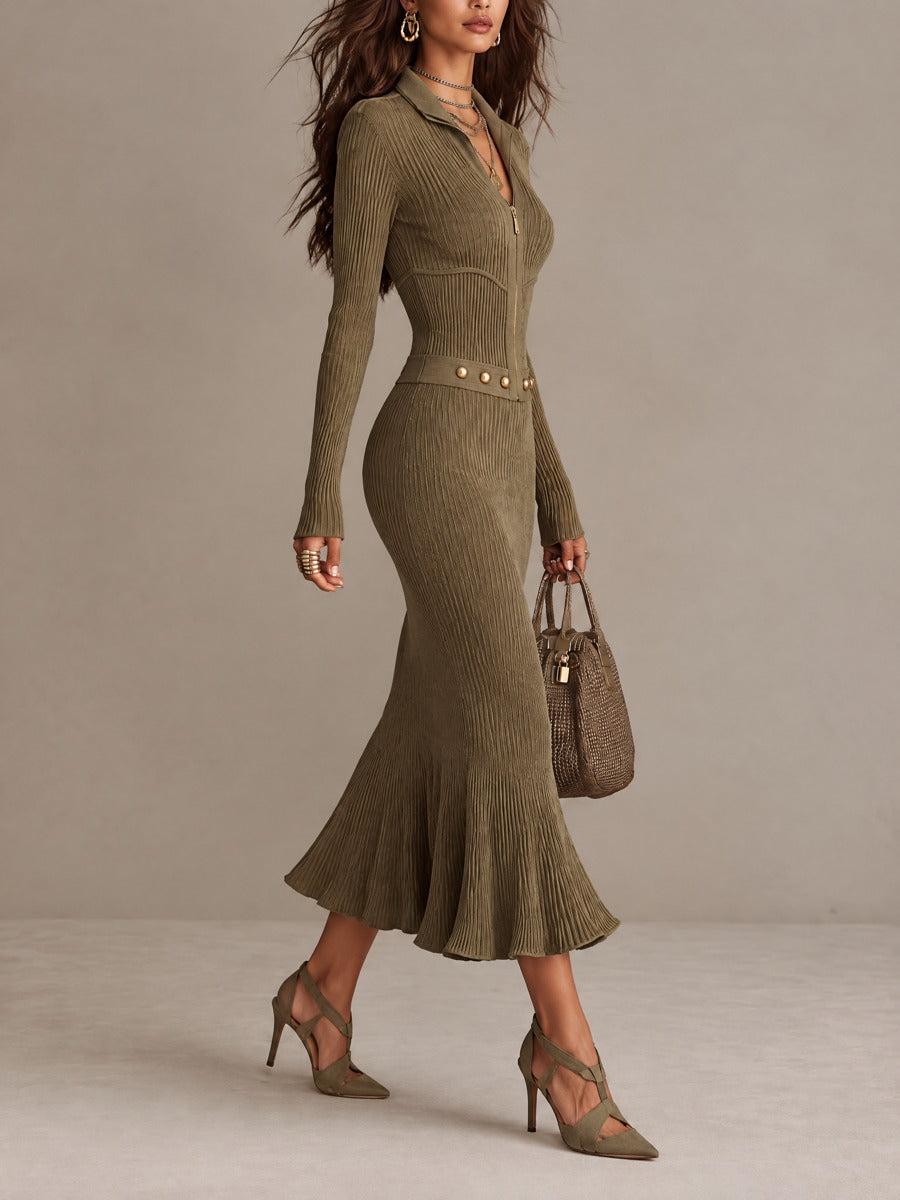 Gema | Vestido midi de punto de canalé con cremallera, bajo en cola de sirena y cinturón de tachuelas