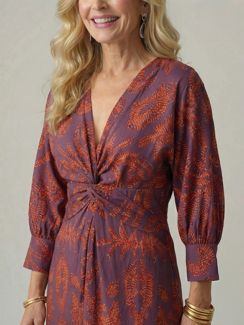 Luna | Vestido Midi Cruzado de Manga Larga con Estampado Natural