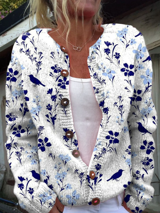 María Olga | Chaqueta de Punto Vintage con Estampado de Flores y Pájaros