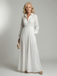 Lorena | Vestido Maxi Blanco de Manga Larga con Botones y Bolsillos