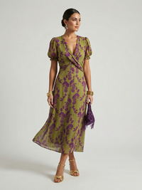 Virena | Vestido Midi Floral Cruzado de Manga Corta