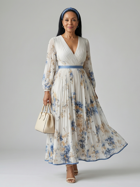 Riana | Vestido Midi Cruzado Floral con Falda Plisada y Manga Larga