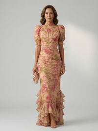 Viviana | Vestido Maxi Floral con Cuello Alto y Manga Abullonada