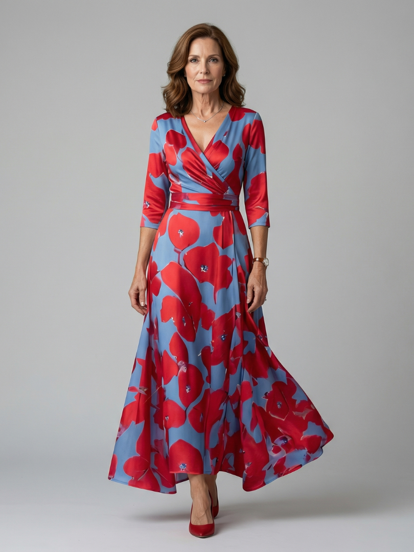 Celeste | Vestido Midi Floral con Escote Cruzado y Manga Tres Cuartos