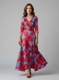 Celeste | Vestido Midi Floral con Escote Cruzado y Manga Tres Cuartos