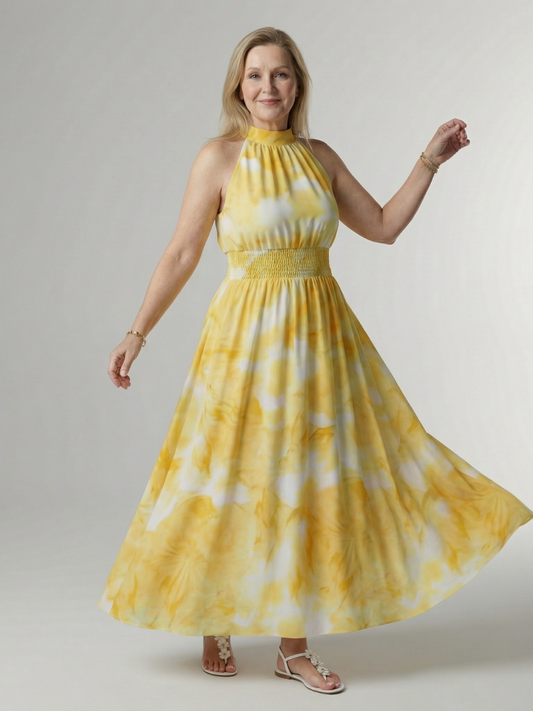 Silvana | Vestido Midi Halter con Cintura Fruncida