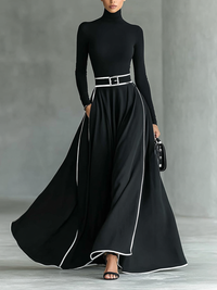 Toñi | Vestido Maxi de Mujer Negro con Costuras Blancas y Cuello Alto, Mangas Largas, Cintura Fina