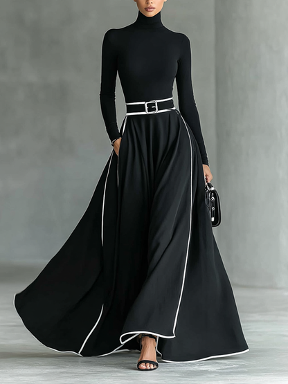 Toñi | Vestido Maxi de Mujer Negro con Costuras Blancas y Cuello Alto, Mangas Largas, Cintura Fina