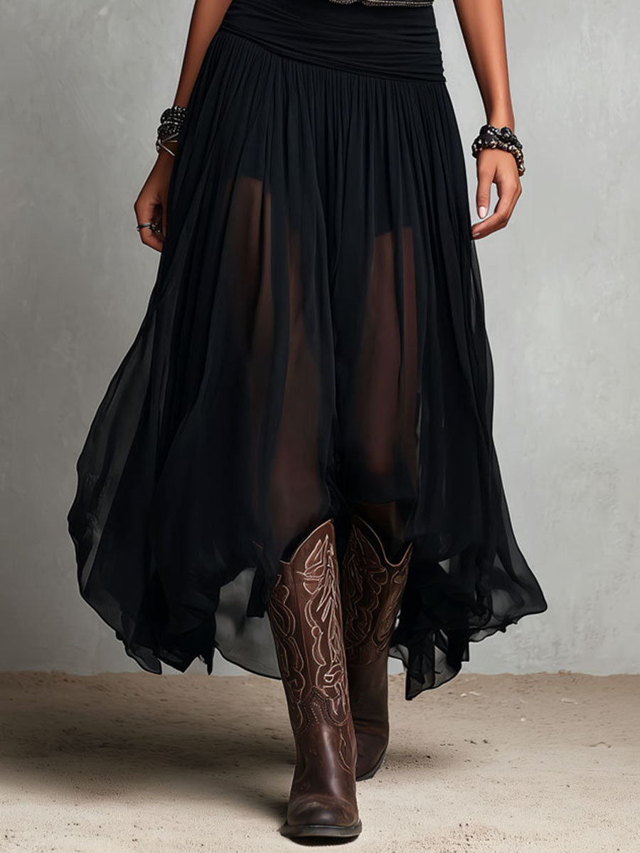Julia — Vestido largo negro boho western con falda transparente