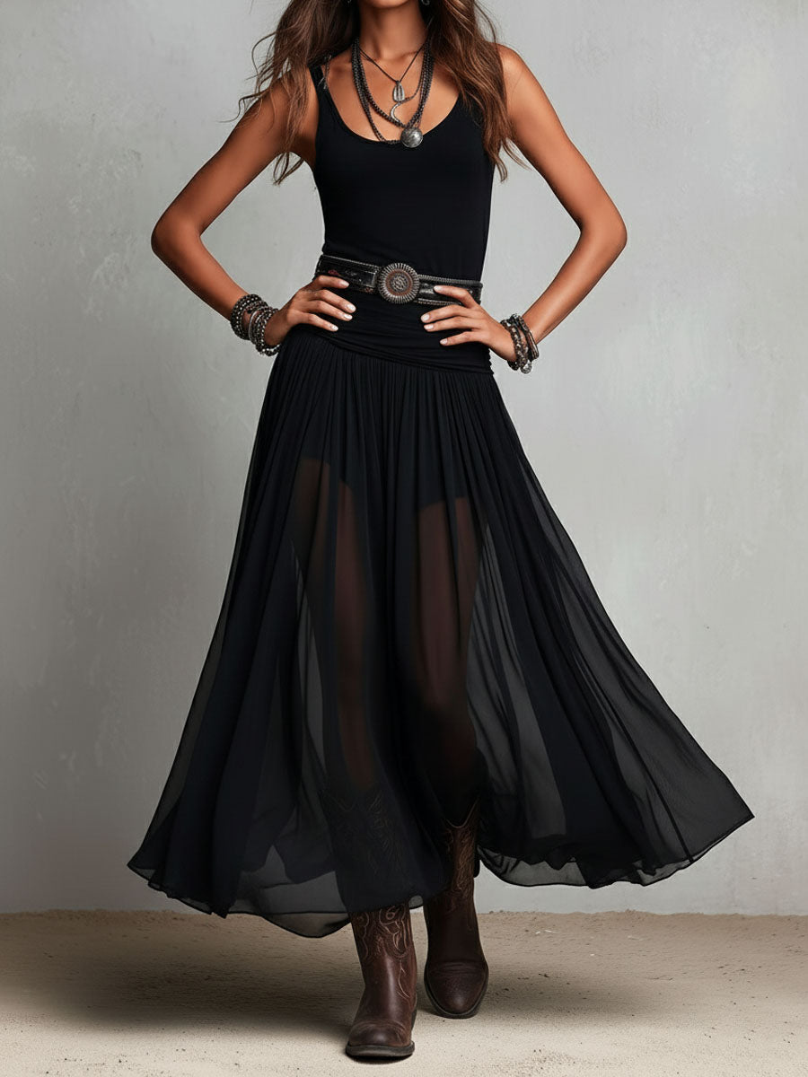 Julia — Vestido largo negro boho western con falda transparente
