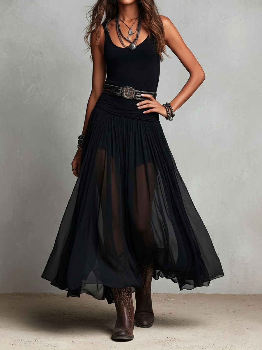 Julia — Vestido largo negro boho western con falda transparente