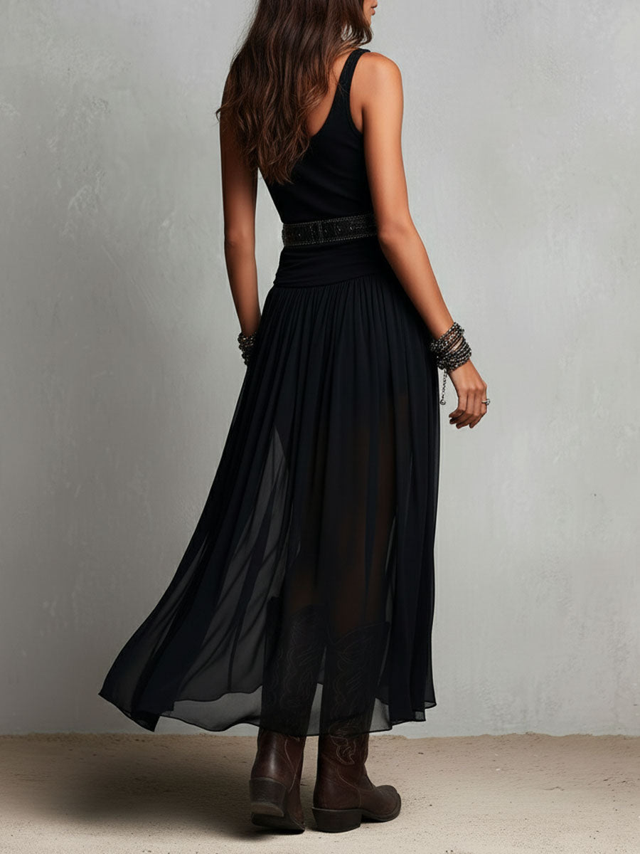 Julia — Vestido largo negro boho western con falda transparente