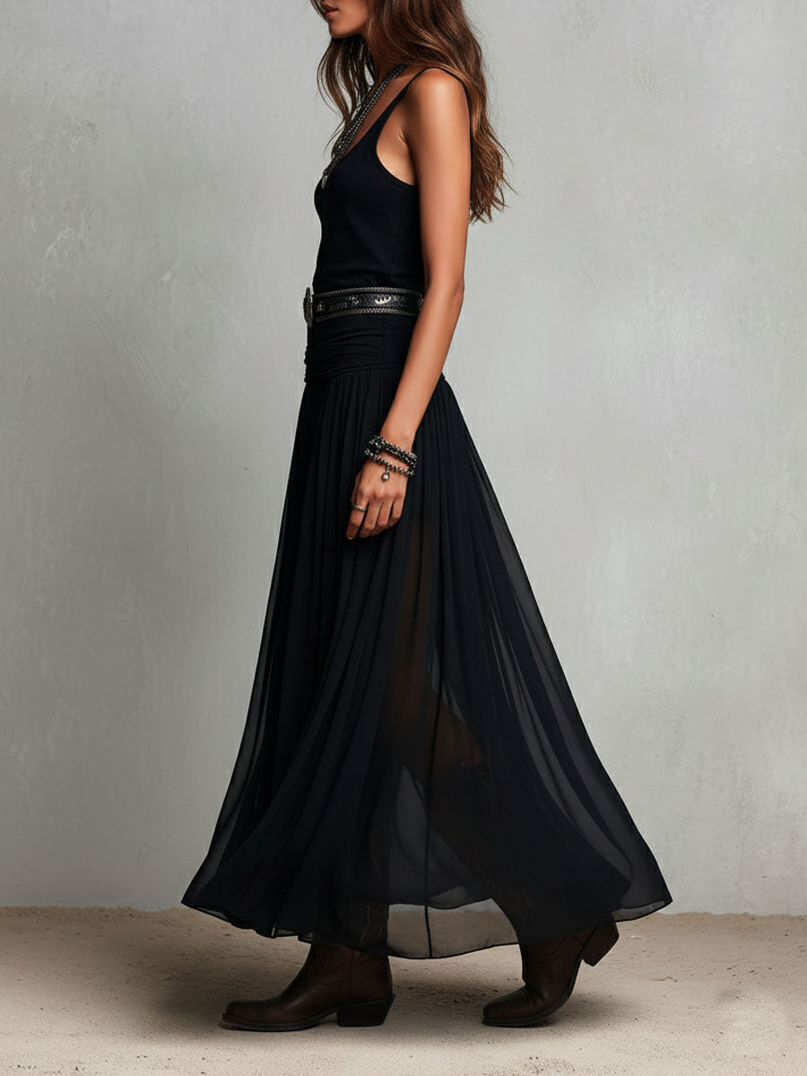Julia — Vestido largo negro boho western con falda transparente