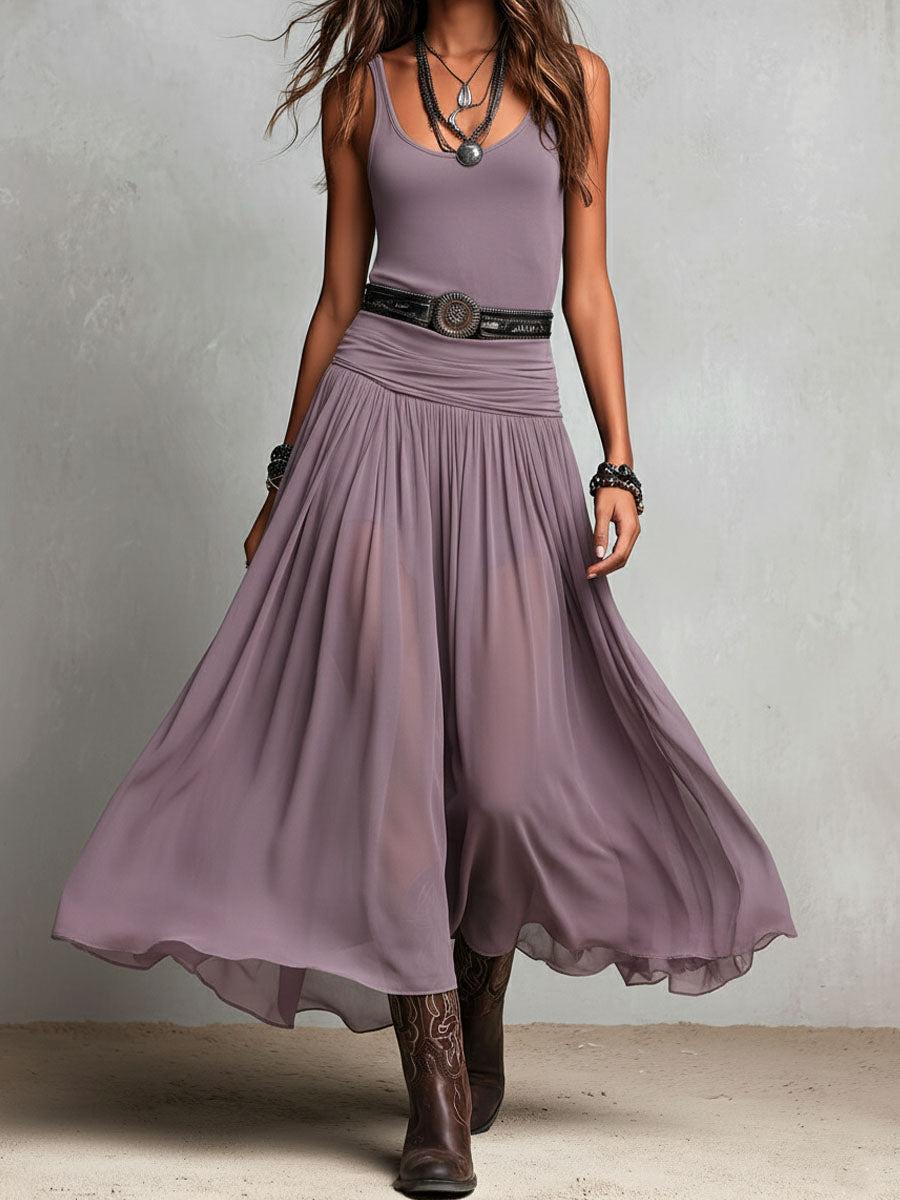 Julia — Vestido largo negro boho western con falda transparente