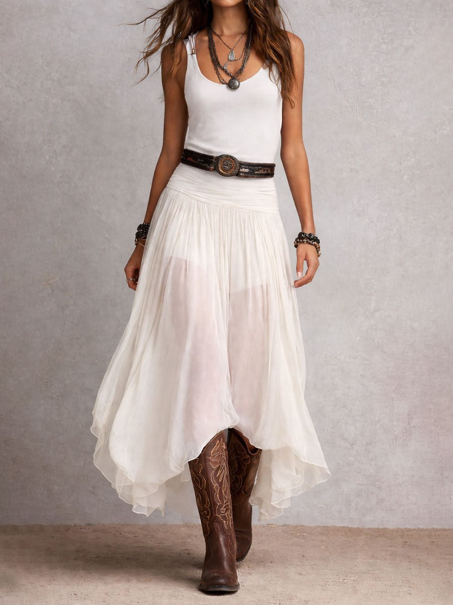 Julia — Vestido largo negro boho western con falda transparente