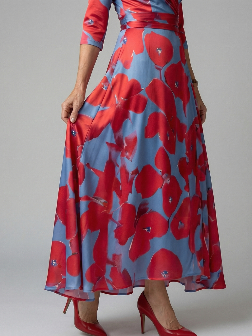 Celeste | Vestido Midi Floral con Escote Cruzado y Manga Tres Cuartos