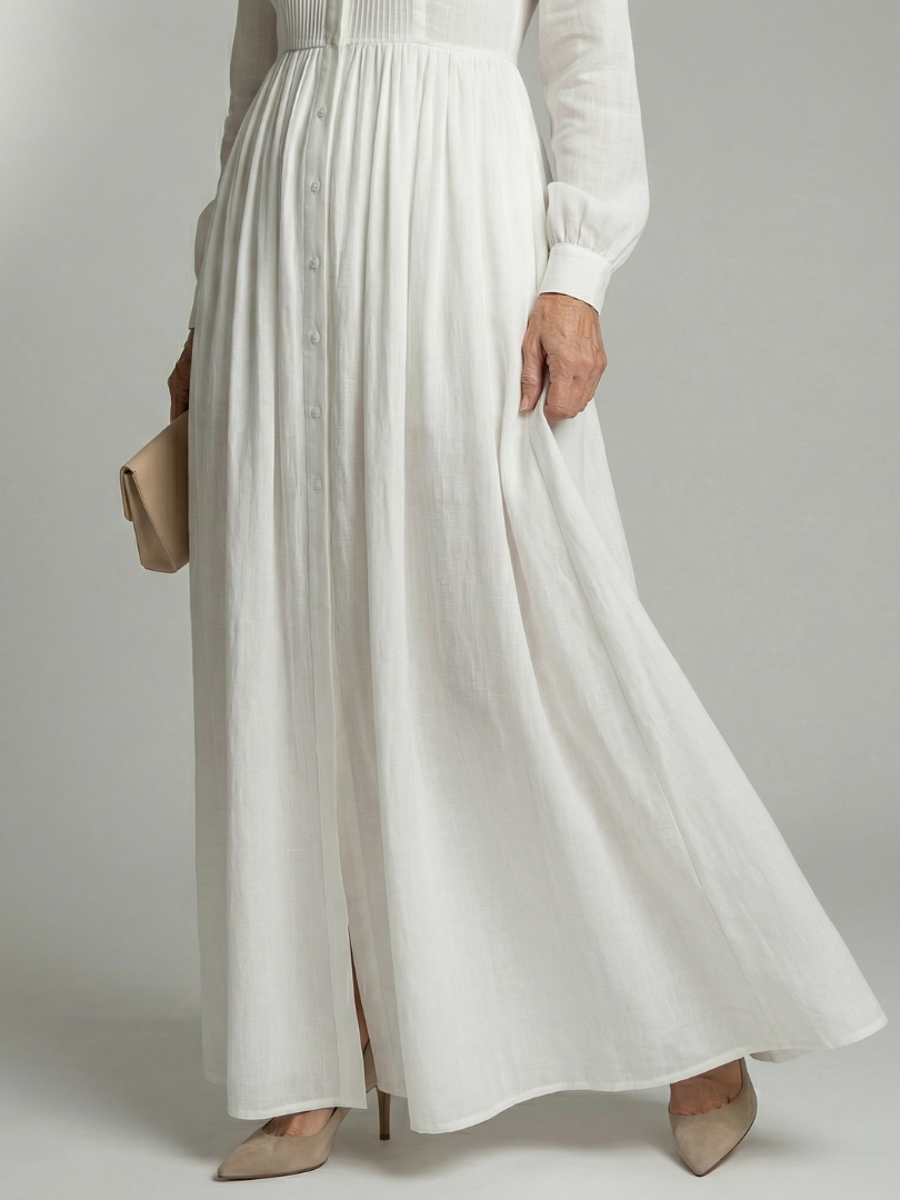 Lorena | Vestido Maxi Blanco de Manga Larga con Botones y Bolsillos