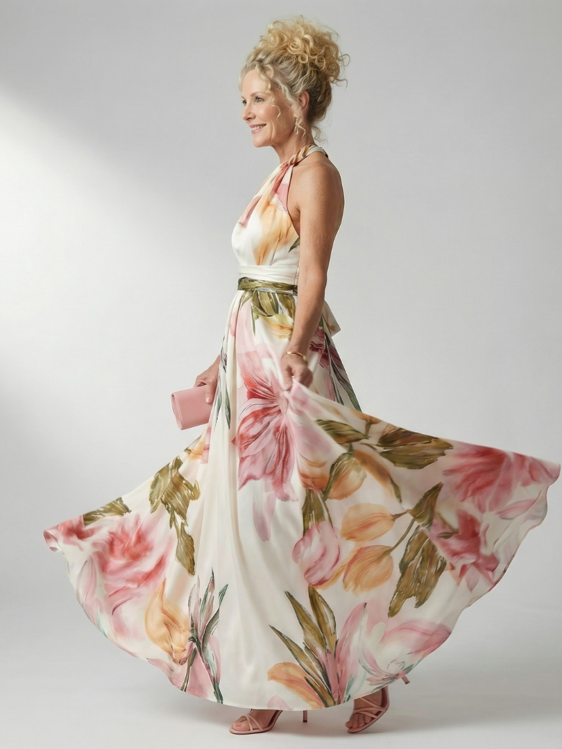Amiela | Vestido Maxi Halter con Estampado Floral Grande