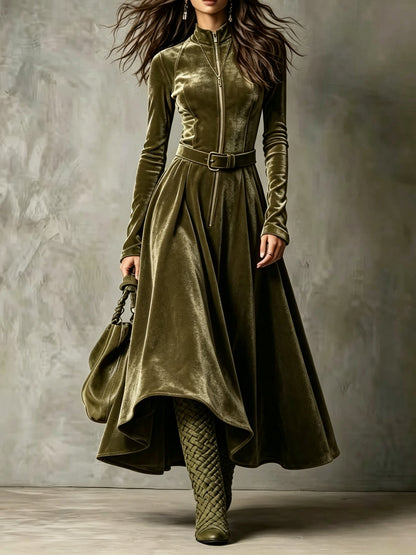 Conchi | Vestido largo de terciopelo verde oliva con cremallera delantera de estilo vintage (cinturón incluido)