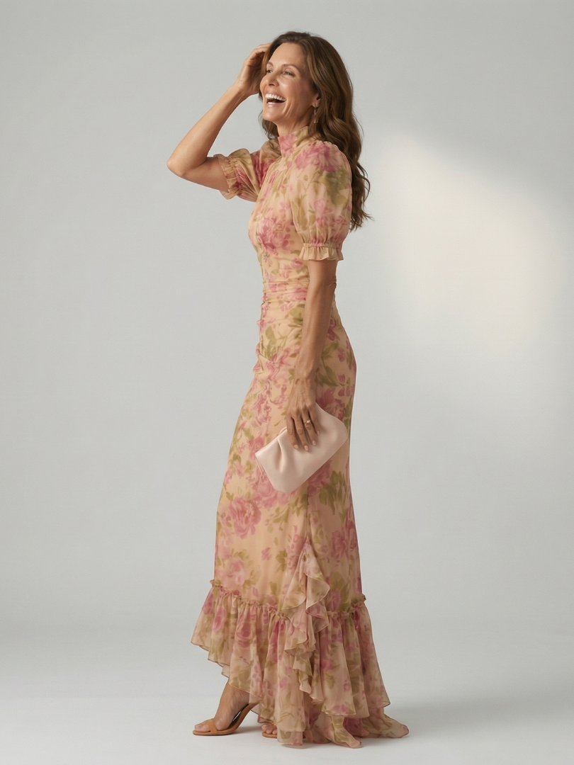 Viviana | Vestido Maxi Floral con Cuello Alto y Manga Abullonada