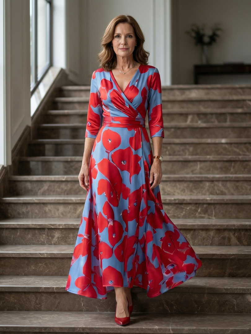 Celeste | Vestido Midi Floral con Escote Cruzado y Manga Tres Cuartos