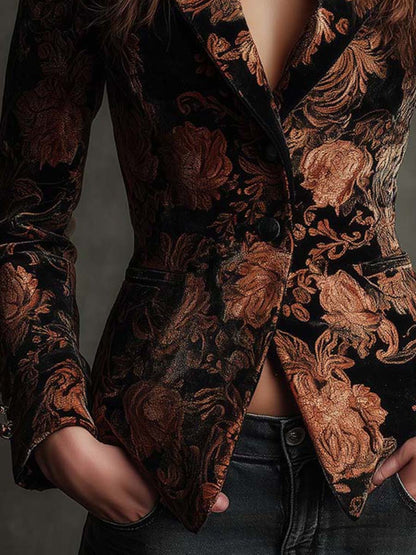 Amada | Blazer Negro con Estampado Floral en Bronce