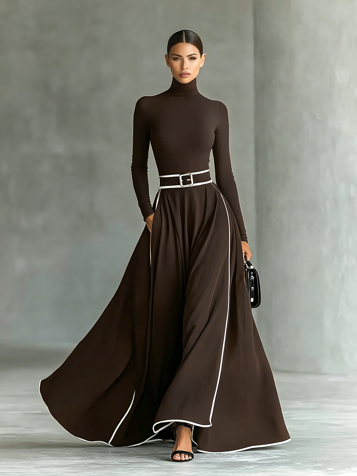 Toñi | Vestido Maxi de Mujer Negro con Costuras Blancas y Cuello Alto, Mangas Largas, Cintura Fina