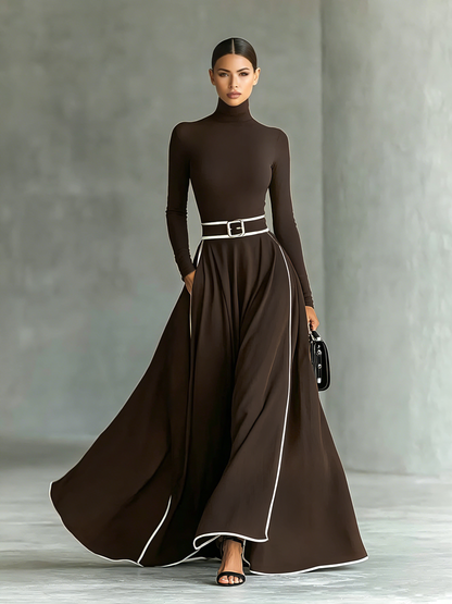 Toñi | Vestido Maxi de Mujer Negro con Costuras Blancas y Cuello Alto, Mangas Largas, Cintura Fina