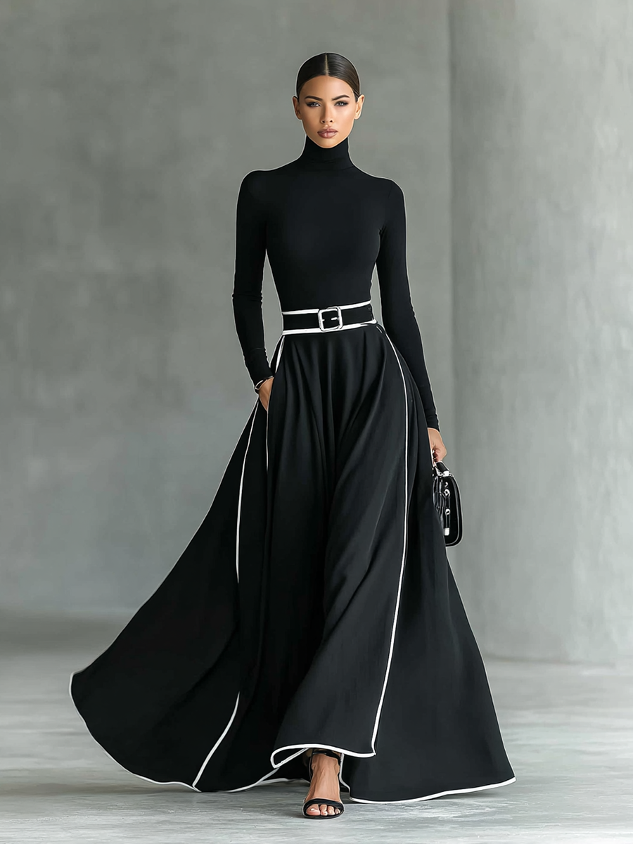 Toñi | Vestido Maxi de Mujer Negro con Costuras Blancas y Cuello Alto, Mangas Largas, Cintura Fina