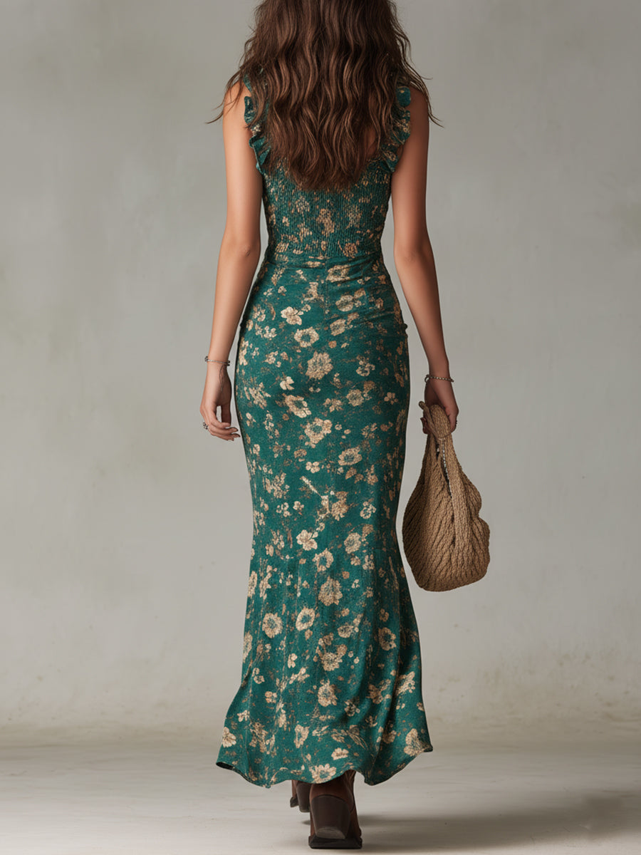 Zara — Vestido largo boho retro con mangas fruncidas y abertura alta