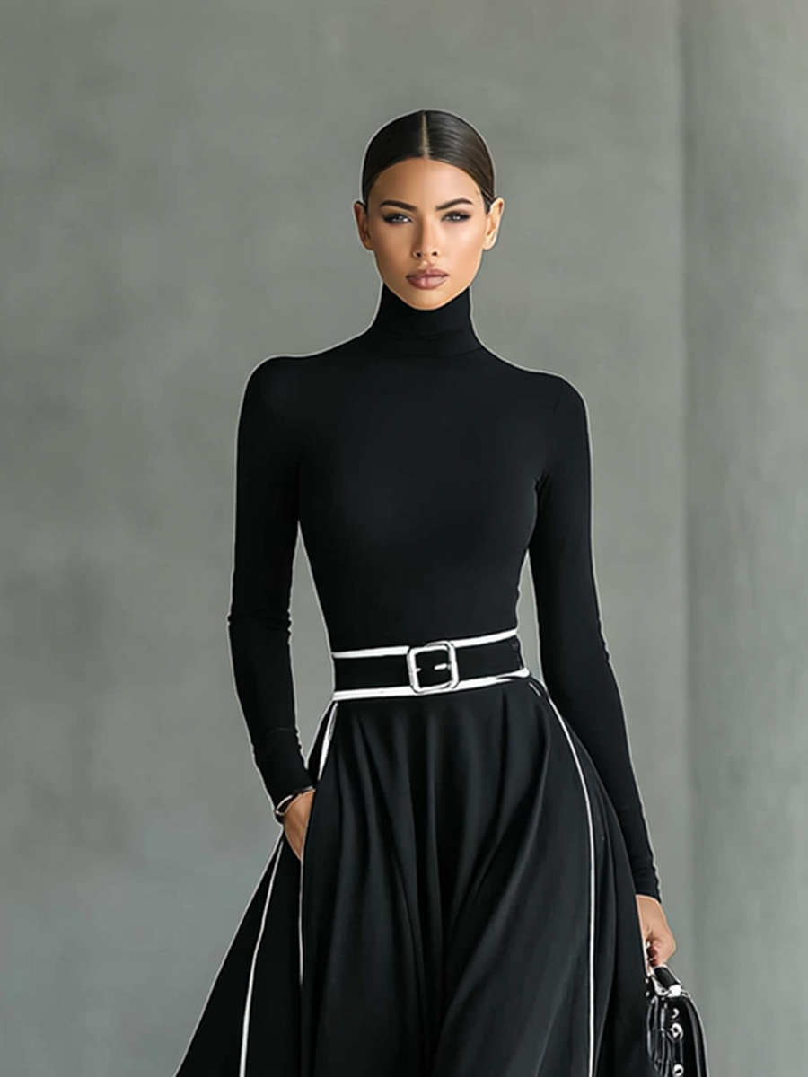Toñi | Vestido Maxi de Mujer Negro con Costuras Blancas y Cuello Alto, Mangas Largas, Cintura Fina