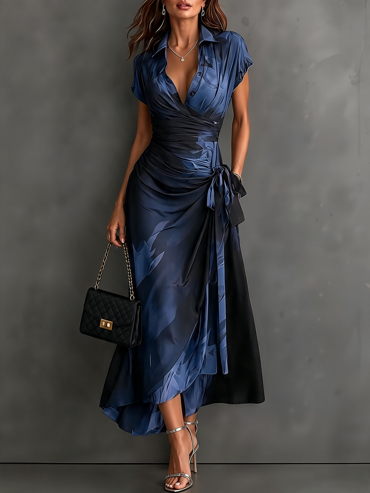 Mari Jose | Vestido Midi Cruzado con Estampado Abstracto, Manga Corta y Bajo con Volante