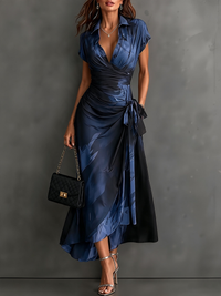 Mari Pepa | Vestido Midi Cruzado con Estampado Abstracto Azul, Manga Corta y Bajo con Volante