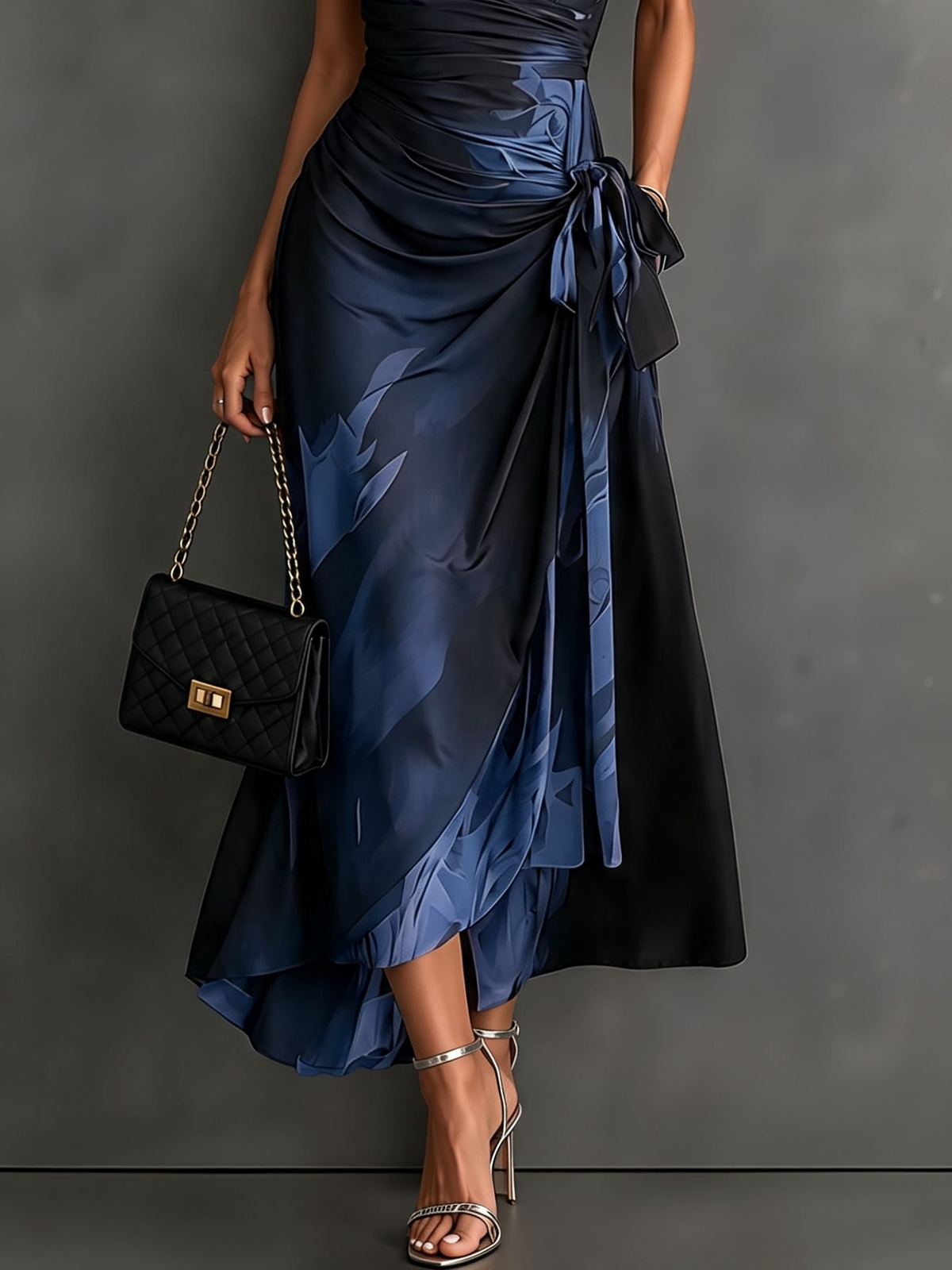Mari Pepa | Vestido Midi Cruzado con Estampado Abstracto Azul, Manga Corta y Bajo con Volante