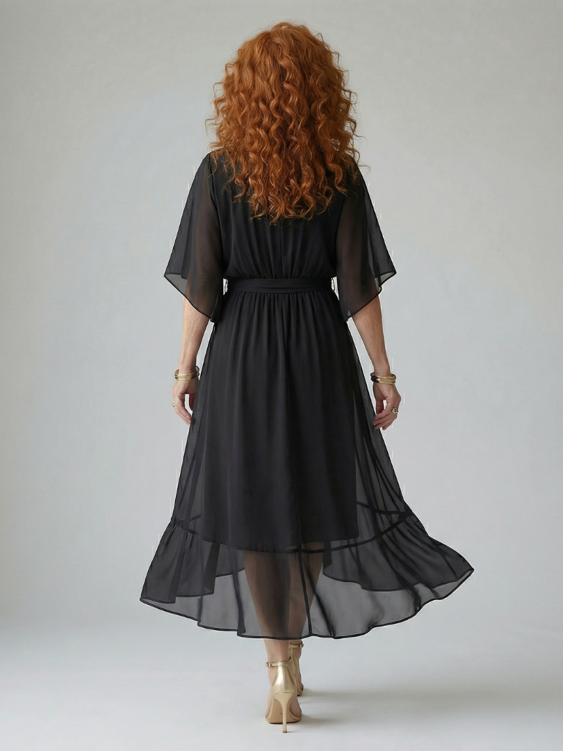 Elvira | Vestido Midi Drapeado con Cinturón y Manga Codo