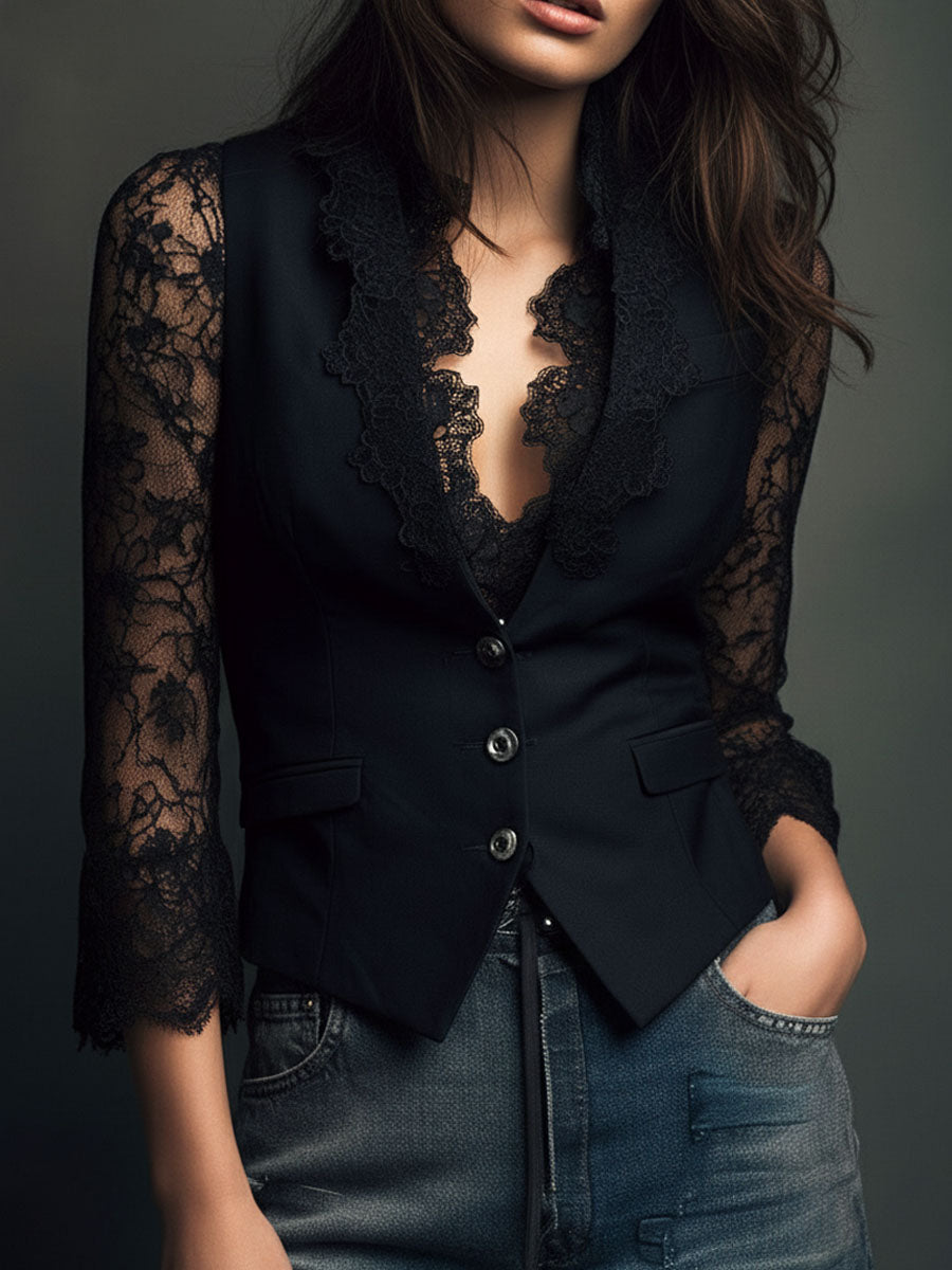 Noémie | Haut Blazer Noir à Manches Semi-Transparentes
