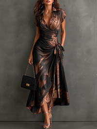 Mari Rosa | Vestido Midi Cruzado con Estampado Abstracto Marrón, Manga Corta y Bajo con Volante