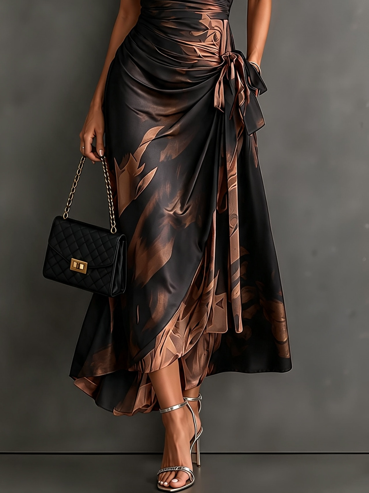 Mari Rosa | Vestido Midi Cruzado con Estampado Abstracto Marrón, Manga Corta y Bajo con Volante