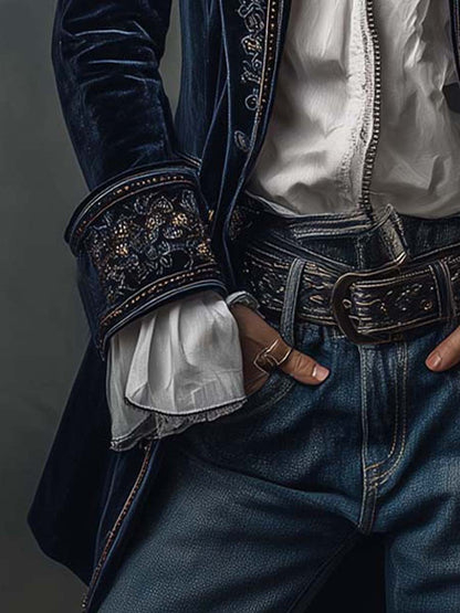 Gloria María | Chaqueta Larga Bordada Azul Marino
